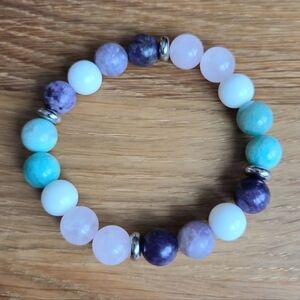 Purple Lepidolite, Rose Quartz, Amazonite Beads Bracelet, Stretch, Hand Crafted